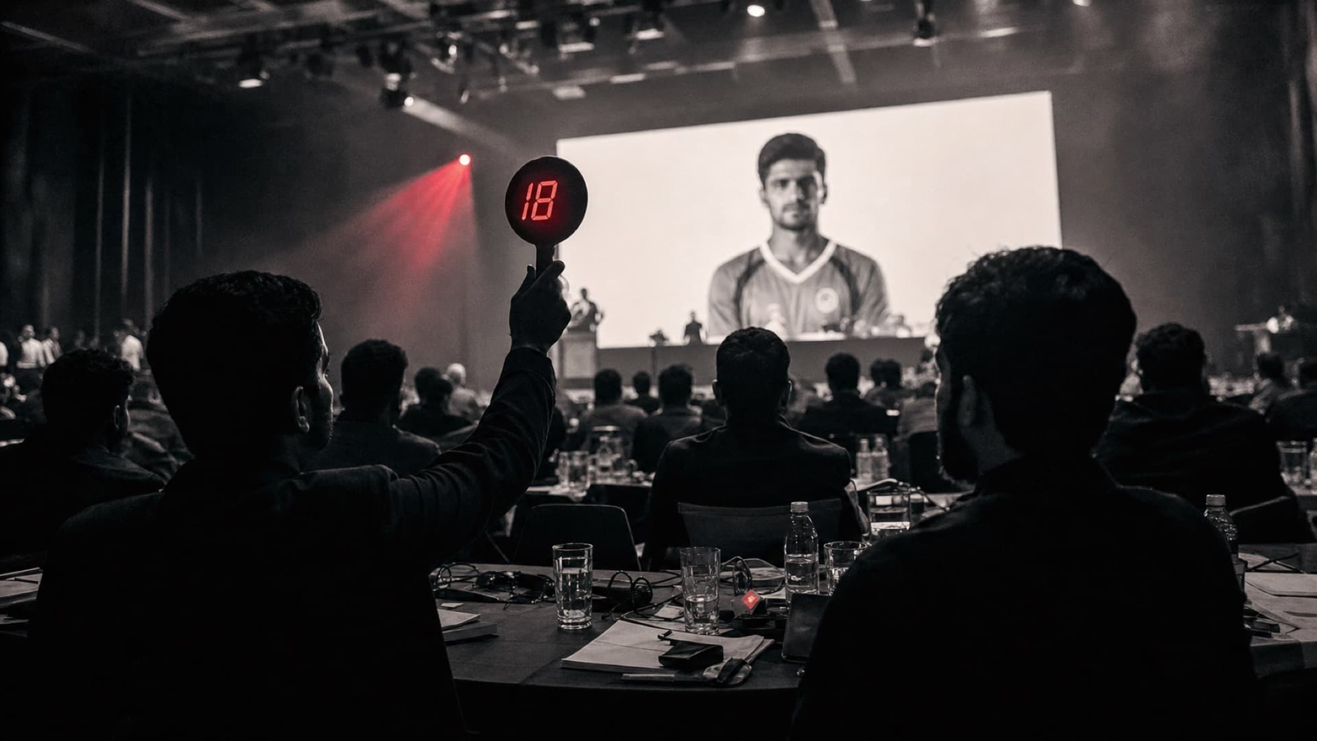 Team owners bidding under stage light at a club tournament player auction, a red paddle reading 18 raised in the crowd